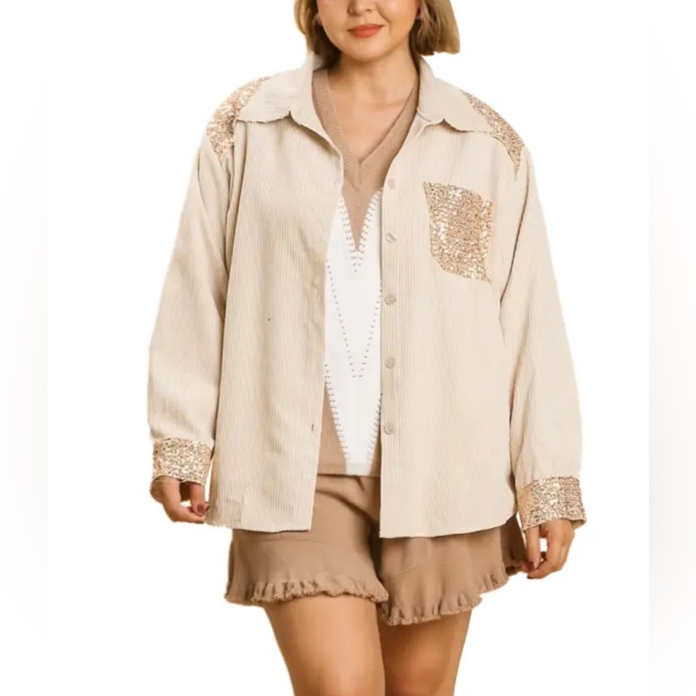 UMGEE Ladies L Light Beige Corduroy & Rose Gold Sequin Textured Shacket